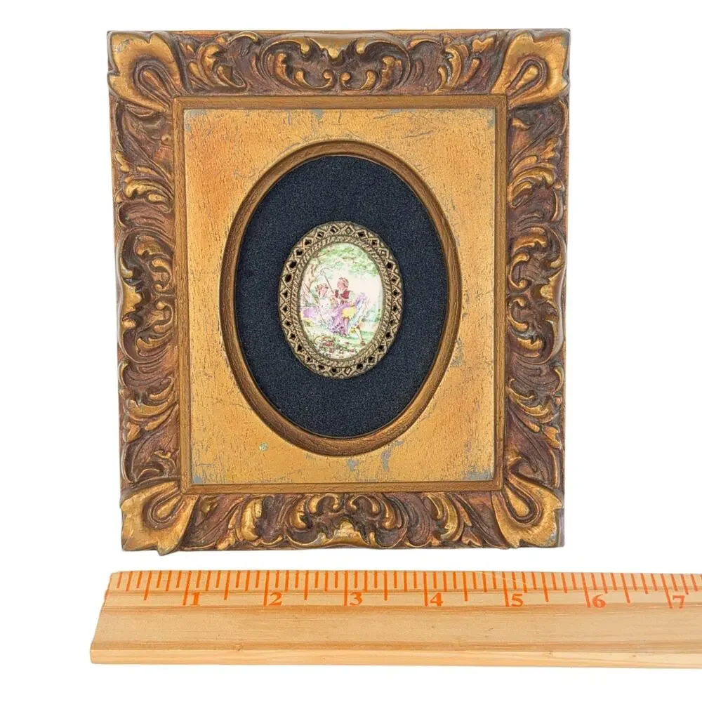 Vintage Courting Couple Miniature Portrait Plaque Ornate Frame Made in USA